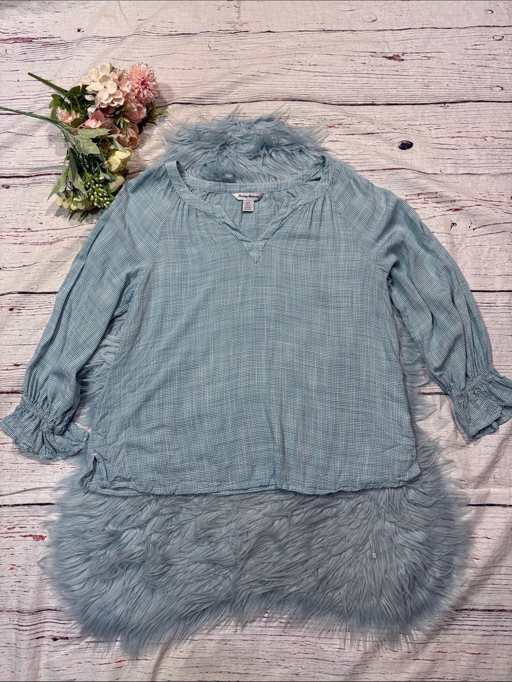 Tommy Bahama Blue White Gingham Ruffle Trim 3/4 Sleeve Peasant Blouse